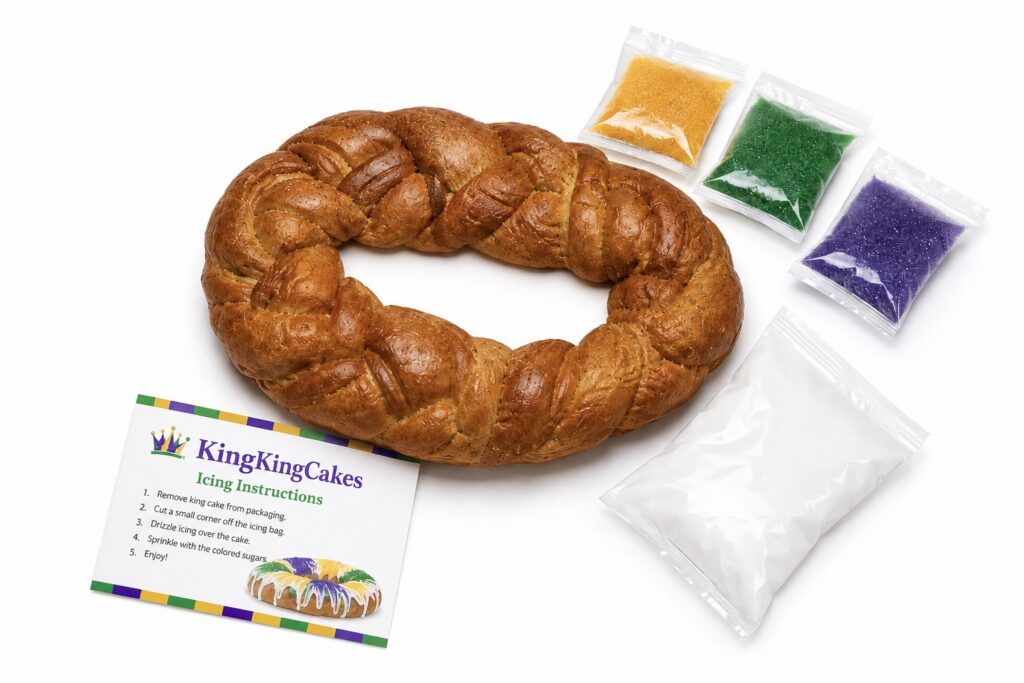 King Cake decorating kit with icing and Mardi Gras sugars
