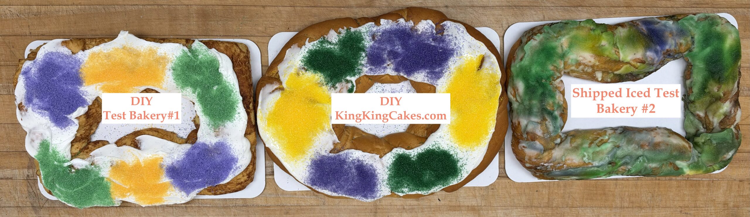 Three finished shipped king cakes displayed side by side for a size and value comparison.