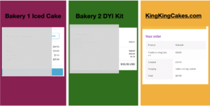 Anonymous checkout totals comparing a fully iced king cake, a lower-priced DIY cake and the KKC DIY package.